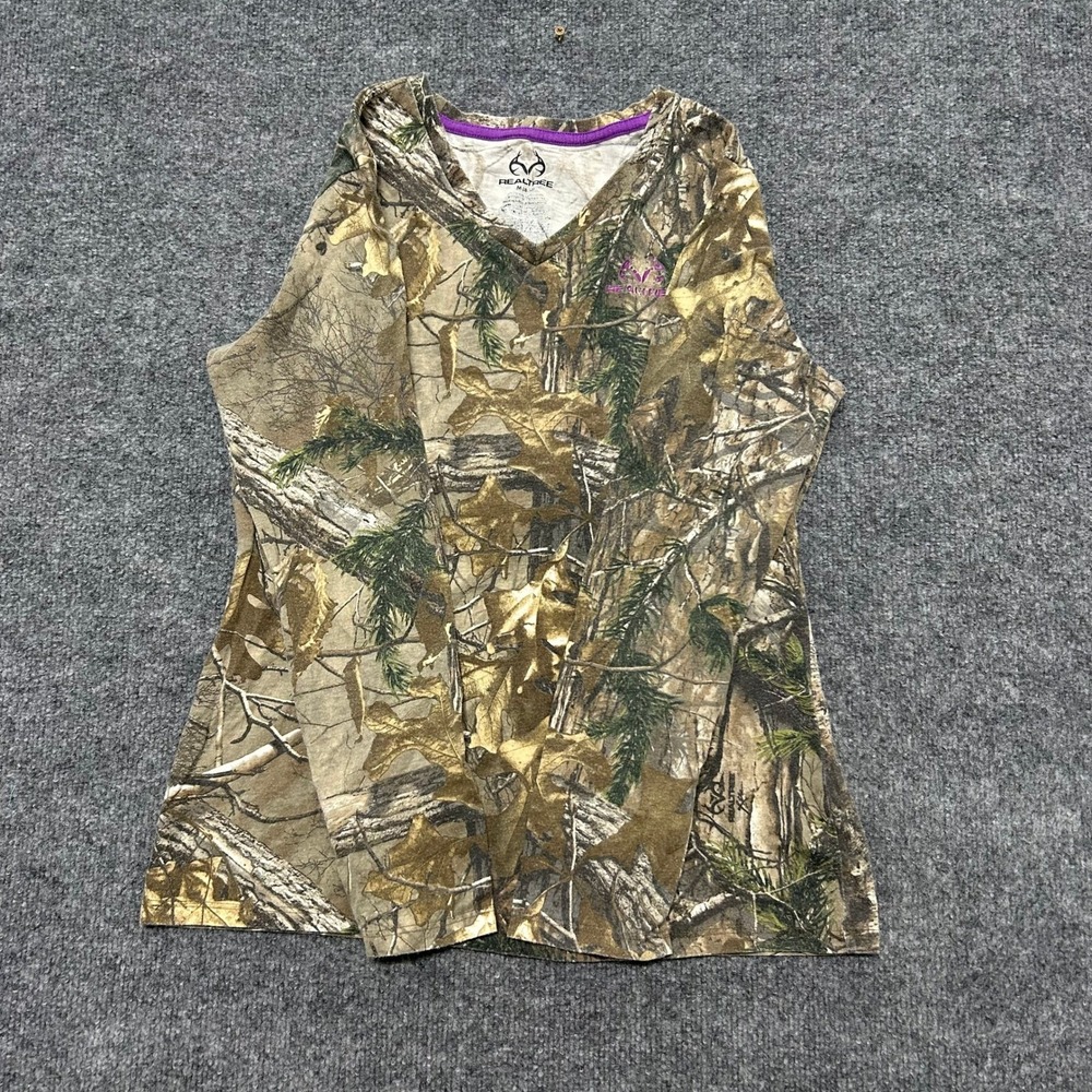 Realtree Long Sleeve Shirt Womens Size M 8-10 Brown Camo V-Neck Outdoor Casual